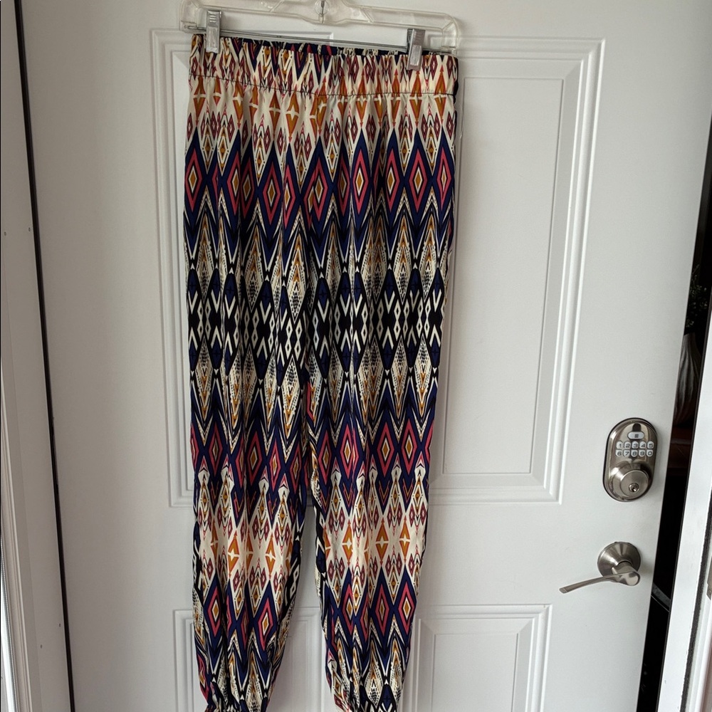 Ambiance Navy, Burgundy and Mustard Diamond Print Harem Pants